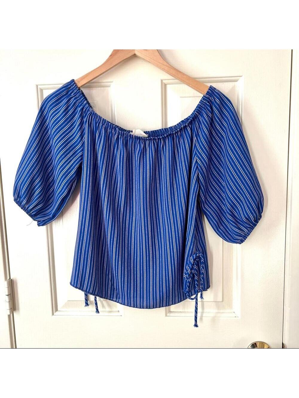 Olive Tree | Blue & White Striped Balloon Sleeve Blouse | Size Medium | 0616